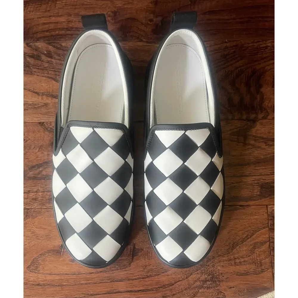 $1095 NIB Bottega Veneta Woven Leather Slip-On Sneakers Black White Men's 10(43)